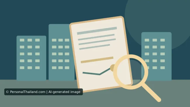 AI-created illustration of a document being examined under a magnifying glass in front of stylised condominium buildings, symbolising property checks rather than any real project