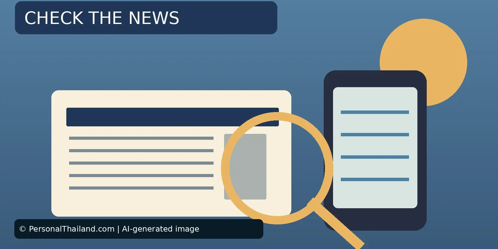English News in Thailand: How to Verify What You Read (illustration) AI-created illustration of a newspaper and a smartphone examined with a magnifying glass, under the heading 'Check the News'