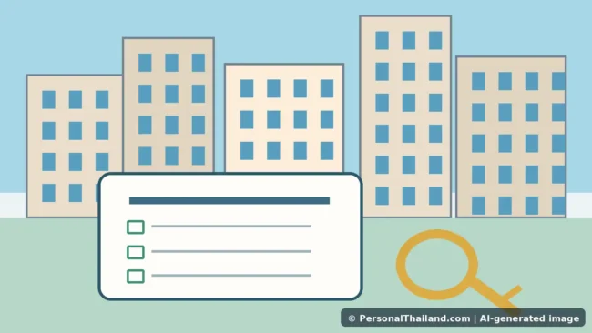 Pattaya Property Agent Scams: How to Check an Agent Before Paying (illustration) Illustration of Pattaya condominiums, a checklist, and apartment keys