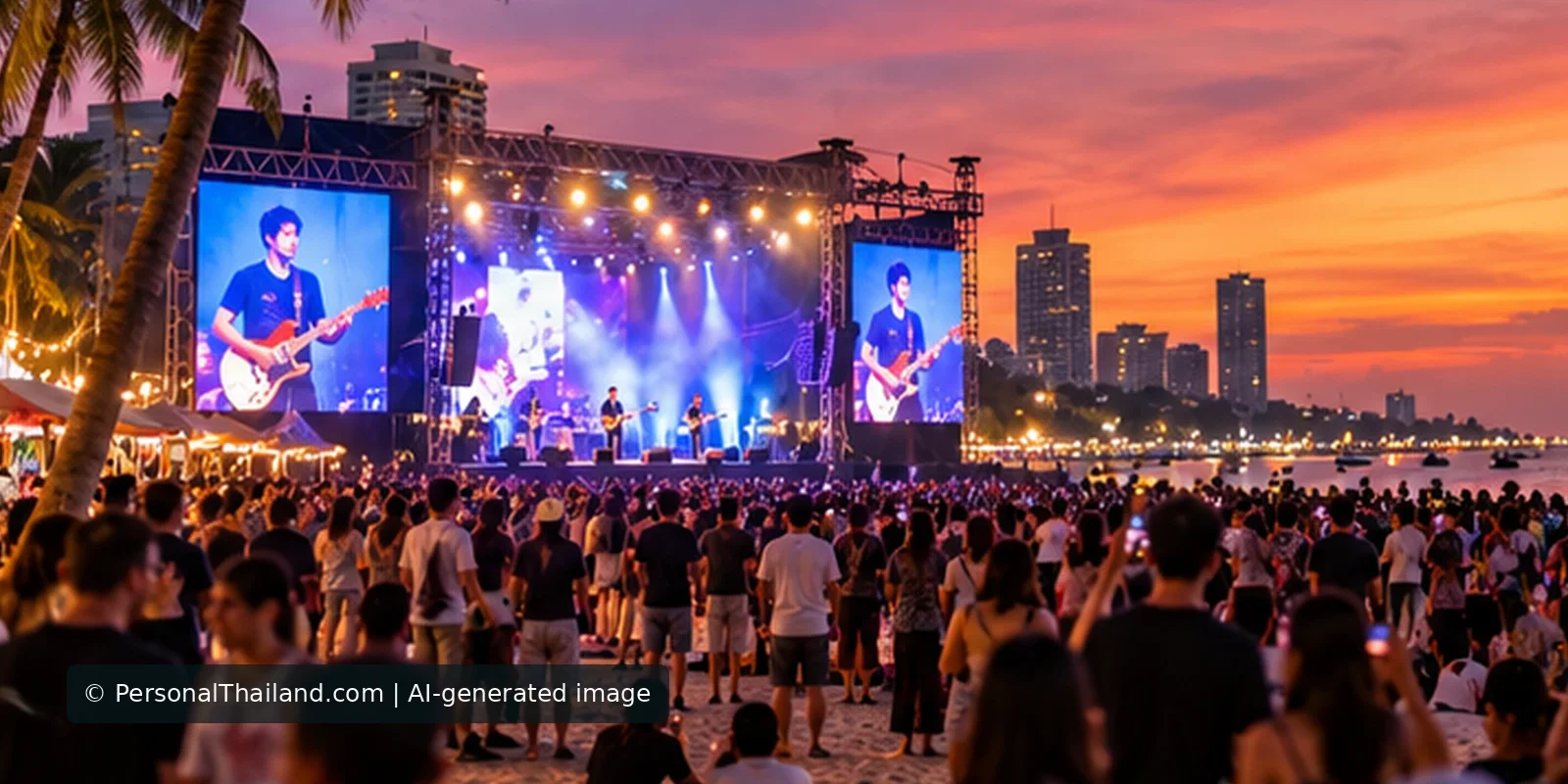 Pattaya Music Festival: From the 2010 Event to the 2026 Beach Concerts (illustration) Photorealistic coastal concert with stage lights and beach audience, AI illustrative not a documented performance