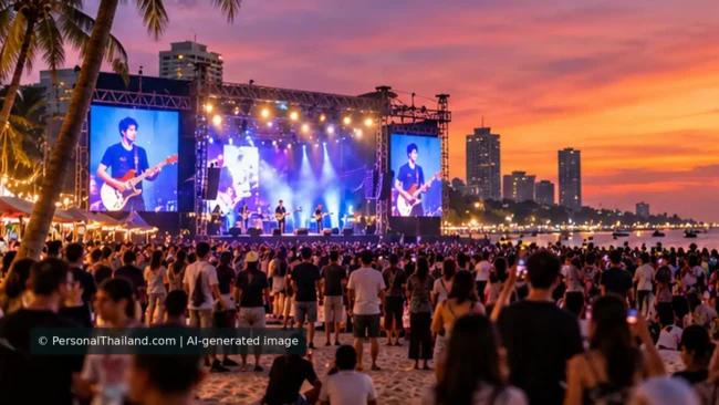 Pattaya Music Festival: From the 2010 Event to the 2026 Beach Concerts (illustration) Photorealistic coastal concert with stage lights and beach audience, AI illustrative not a documented performance