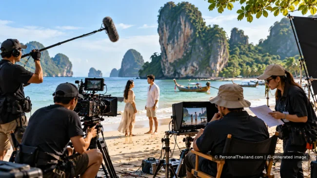 Conceptual AI illustration of an international film crew working on a Thai coastal production set with cameras and sound equipment