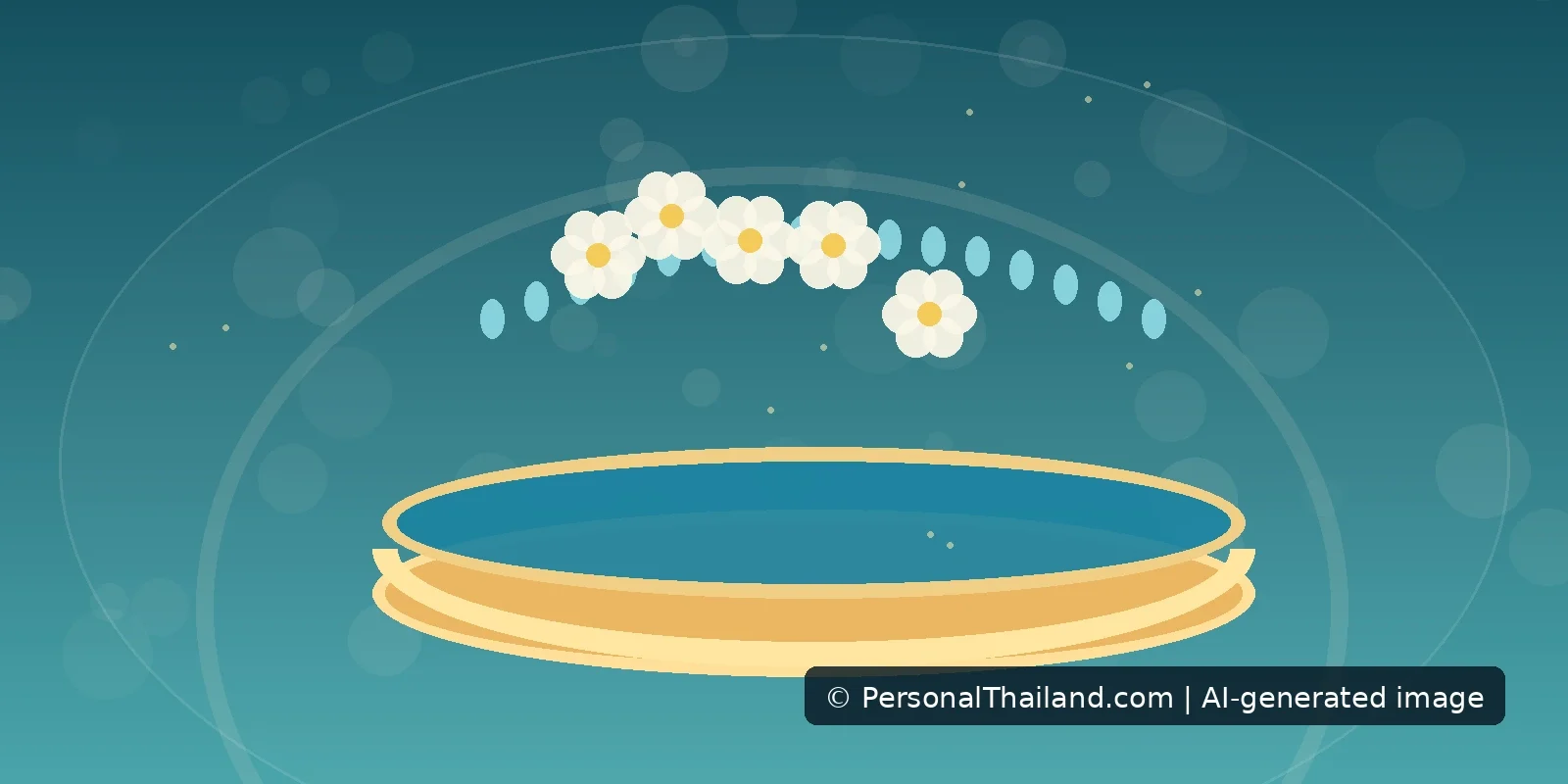 AI-created conceptual illustration of a shallow golden bowl of water with white flowers and water droplets above it, symbolising Songkran water blessing; not a photo of a particular festival, temple or home