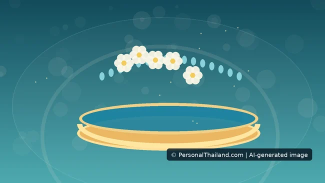 AI-created conceptual illustration of a shallow golden bowl of water with white flowers and water droplets above it, symbolising Songkran water blessing; not a photo of a particular festival, temple or home