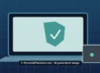 AI-created illustration of a laptop screen showing a shield with a check mark next to a small storage drive