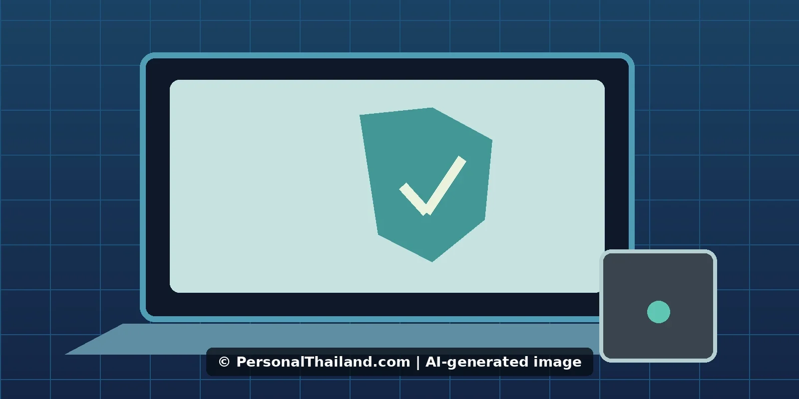AI-created illustration of a laptop screen showing a shield with a check mark next to a small storage drive