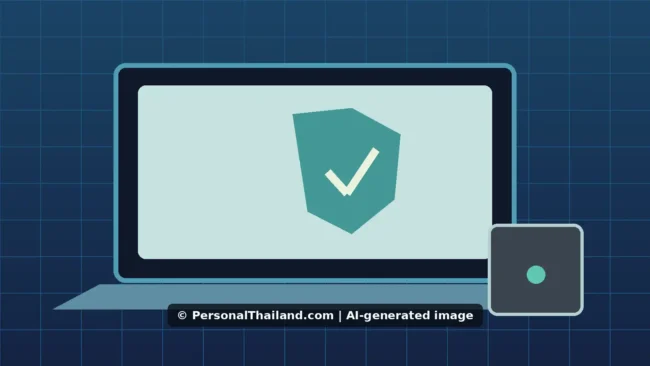 Computer Repairs in Thailand: Protect Your Files Before Visiting a Shop (illustration) AI-created illustration of a laptop screen showing a shield with a check mark next to a small storage drive