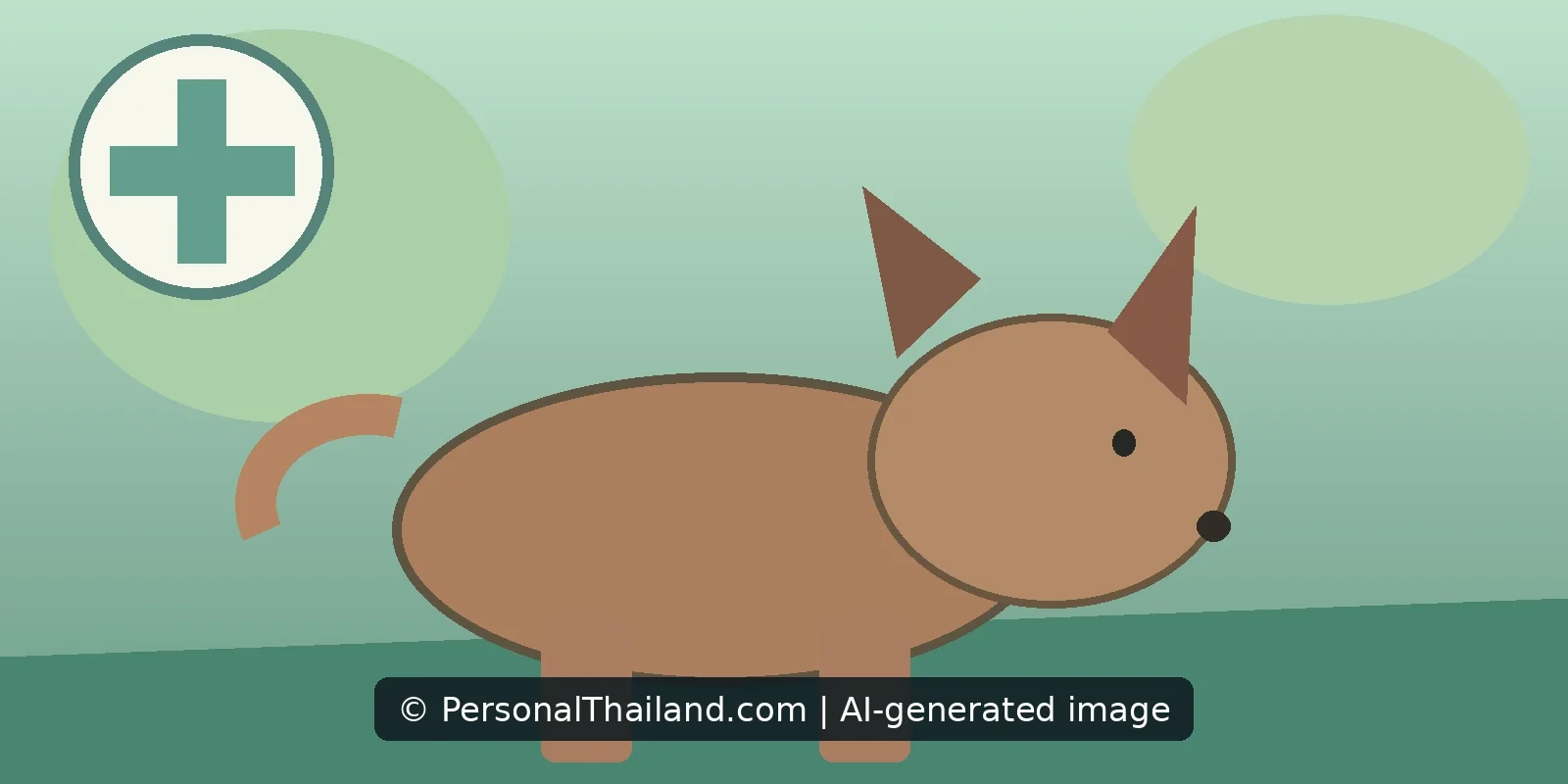 AI-created illustration of a brown dog on grass beside a round medical cross symbol