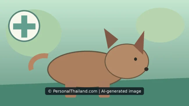 AI-created illustration of a brown dog on grass beside a round medical cross symbol
