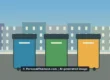 AI-created illustration of three coloured wheelie bins on a street in front of apartment buildings