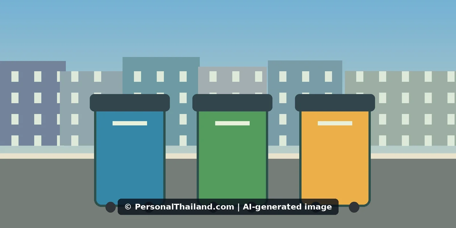 AI-created illustration of three coloured wheelie bins on a street in front of apartment buildings