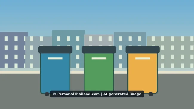 AI-created illustration of three coloured wheelie bins on a street in front of apartment buildings