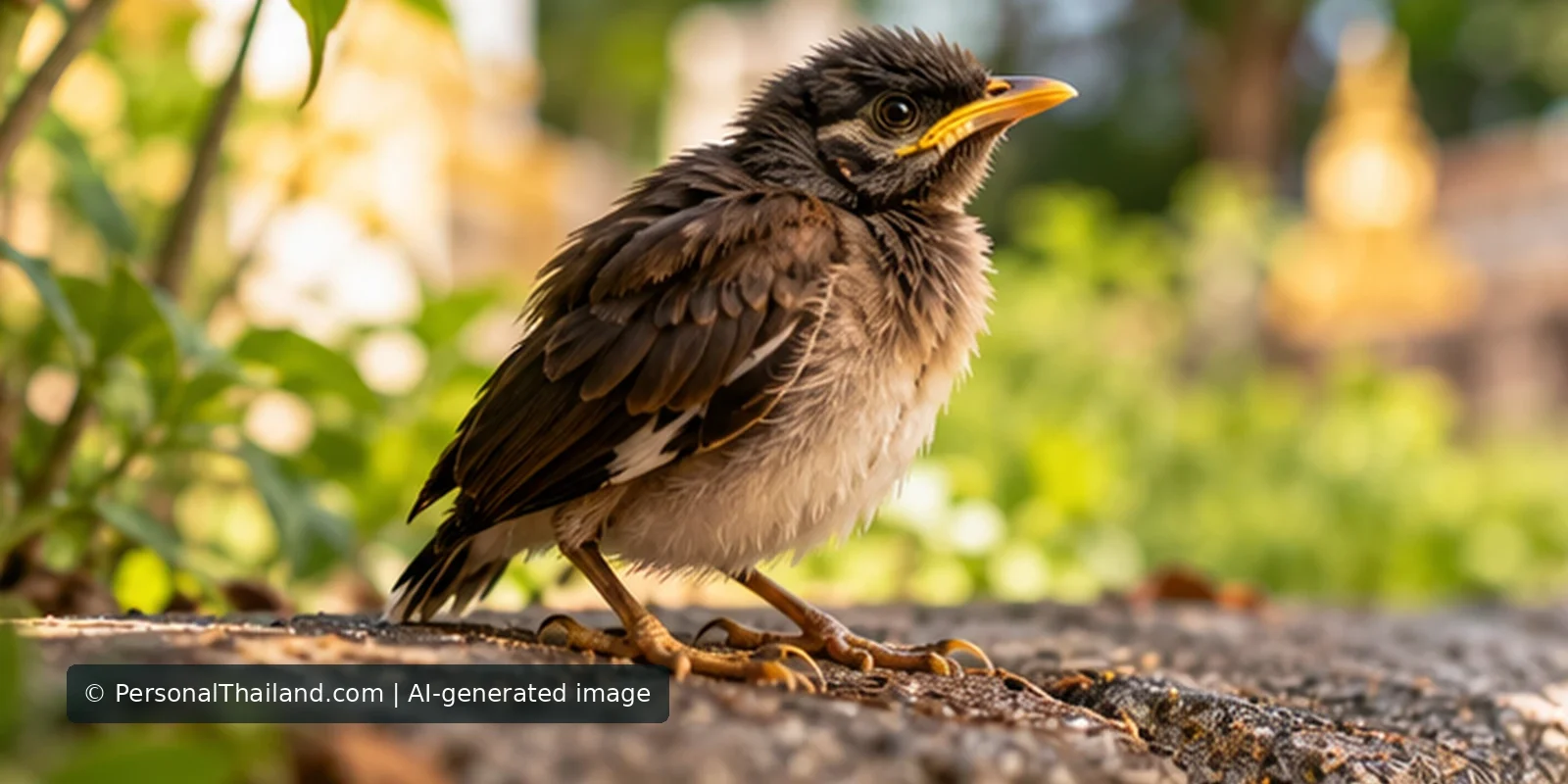 Photorealistic fledgling perched in a leafy Thai garden, wildlife-inspired conceptual scene