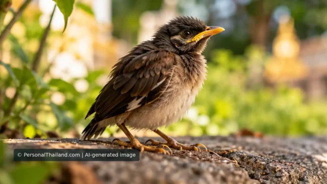 Photorealistic fledgling perched in a leafy Thai garden, wildlife-inspired conceptual scene