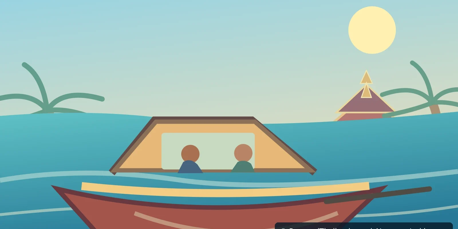 Editorial illustration of a long-tail tour boat on a Bangkok canal with riverside houses and a temple roof, AI-generated image