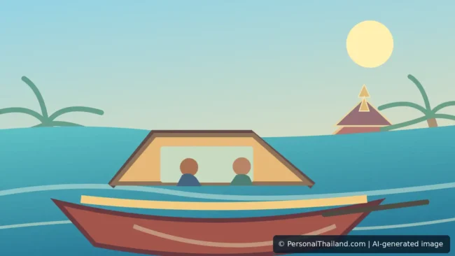 Editorial illustration of a long-tail tour boat on a Bangkok canal with riverside houses and a temple roof, AI-generated image
