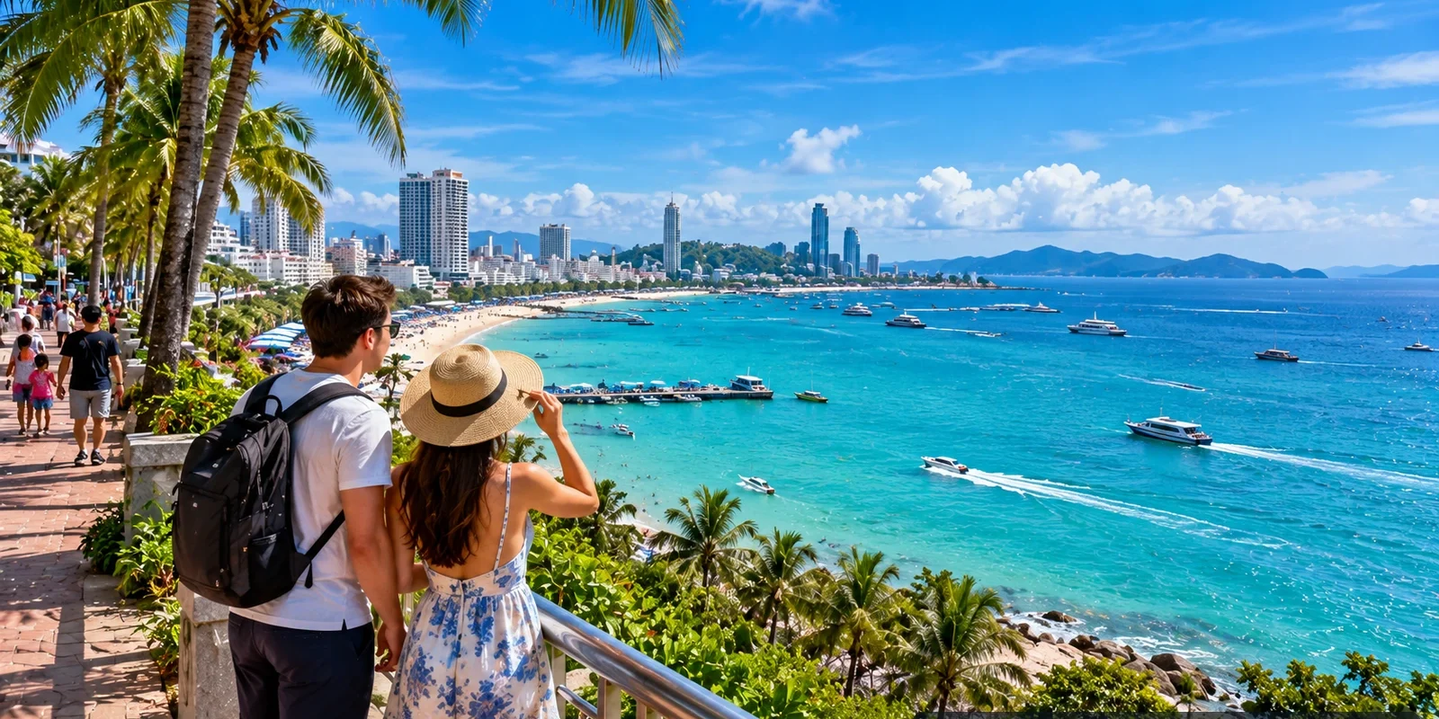 Sunlit coastal scene near Pattaya with beach, sea, palm trees and family-friendly daytime activities, AI-assisted editorial artwork