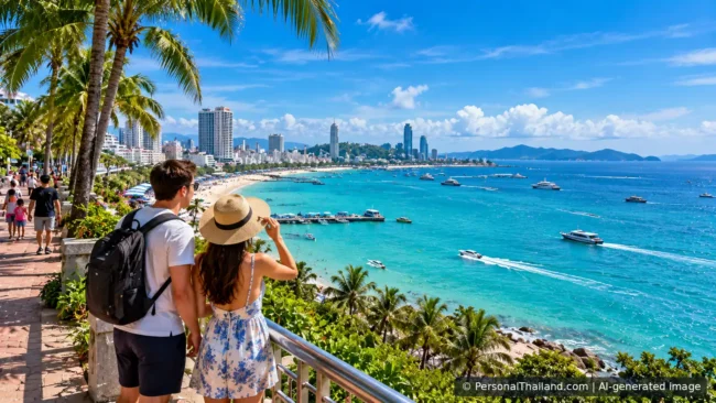 Sunlit coastal scene near Pattaya with beach, sea, palm trees and family-friendly daytime activities, AI-assisted editorial artwork