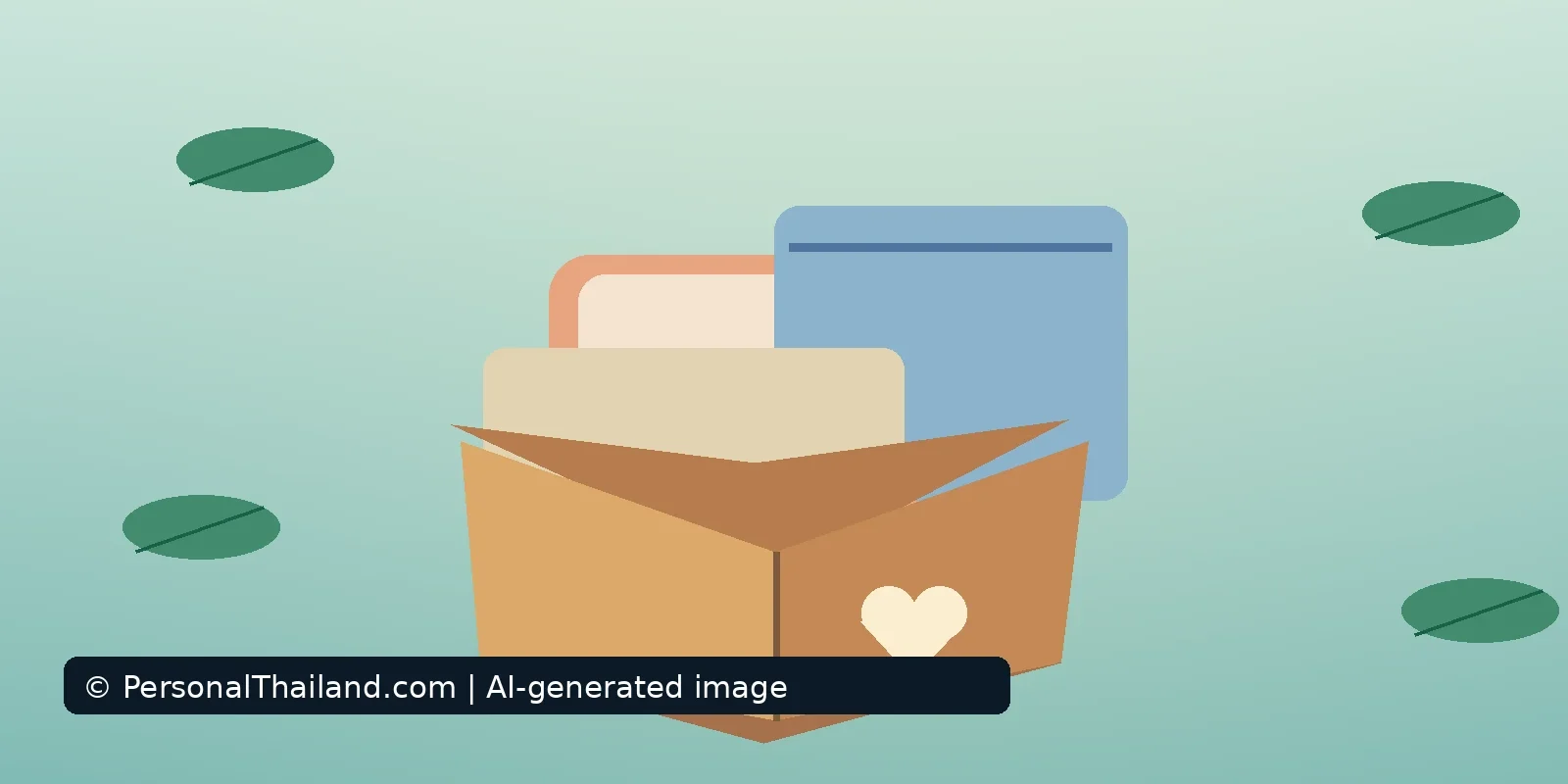 AI-created illustration of an open cardboard donation box marked with a heart, holding folded fabric and household items, with green leaves on a soft teal background