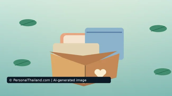 AI-created illustration of an open cardboard donation box marked with a heart, holding folded fabric and household items, with green leaves on a soft teal background