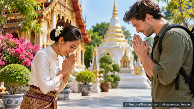 A Thai woman and a visitor respectfully exchanging a wai greeting in a temple courtyard, AI-generated illustration