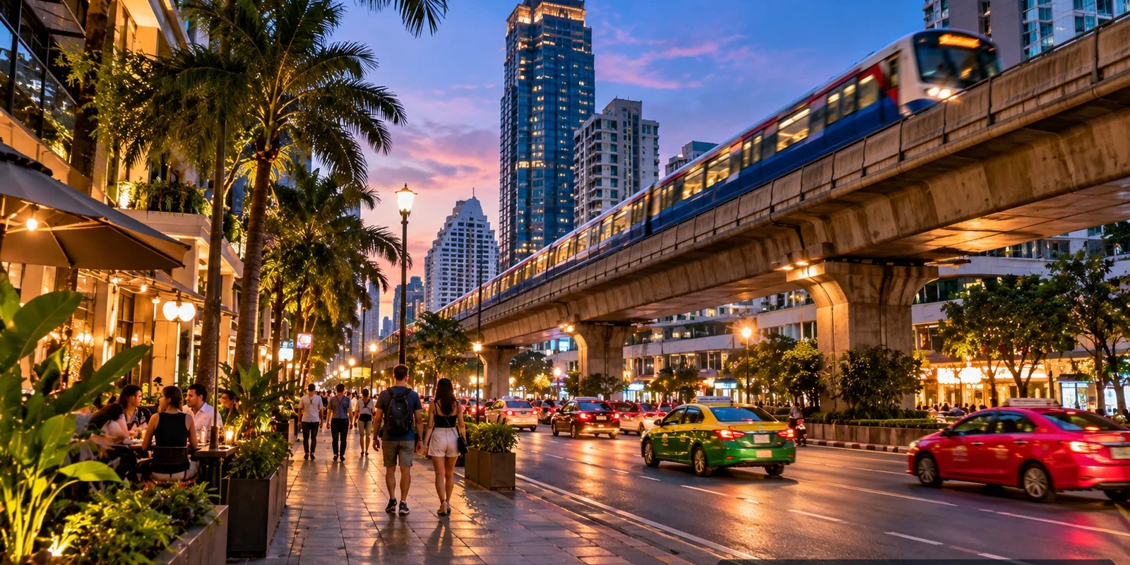 Where Is Nana in Bangkok? Sukhumvit, BTS and Nightlife Explained (illustration) Busy Bangkok Sukhumvit road at dusk with BTS elevated railway, shops and pedestrians near the Nana neighbourhood, AI-assisted illustration