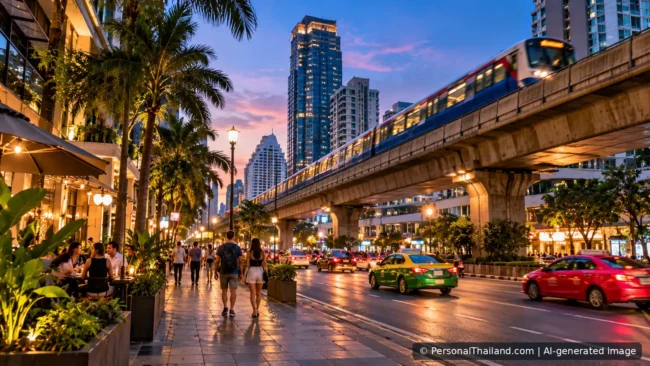 Busy Bangkok Sukhumvit road at dusk with BTS elevated railway, shops and pedestrians near the Nana neighbourhood, AI-assisted illustration