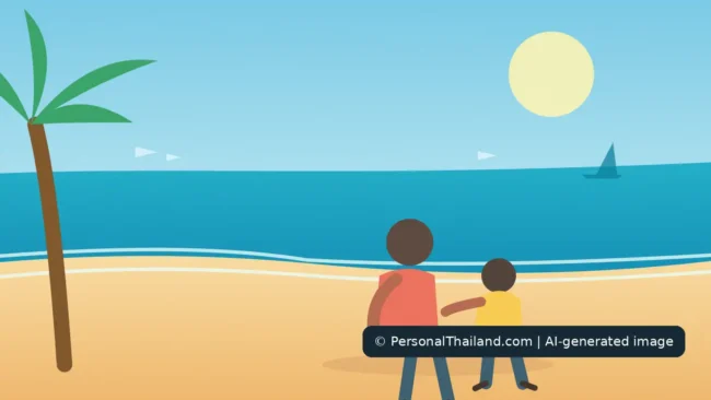 Pattaya With Kids: A Practical Family Travel Guide (illustration) Original AI-created illustration of a relaxed family beach setting inspired by the Pattaya coast; not a photograph of a specific place