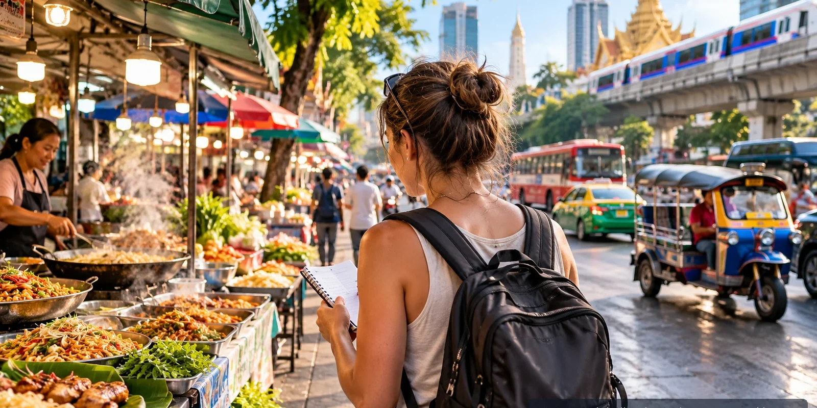 Visitor comparing food choices at a busy Bangkok street market, AI-generated image