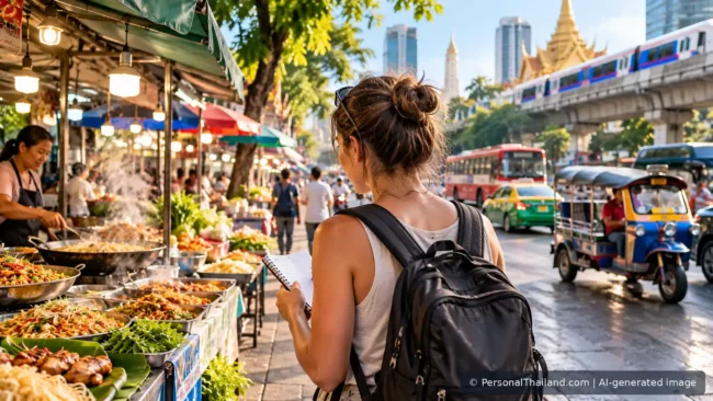 How to Save Money Travelling in Thailand: A Practical Budget Guide (illustration) Visitor comparing food choices at a busy Bangkok street market, AI-generated image
