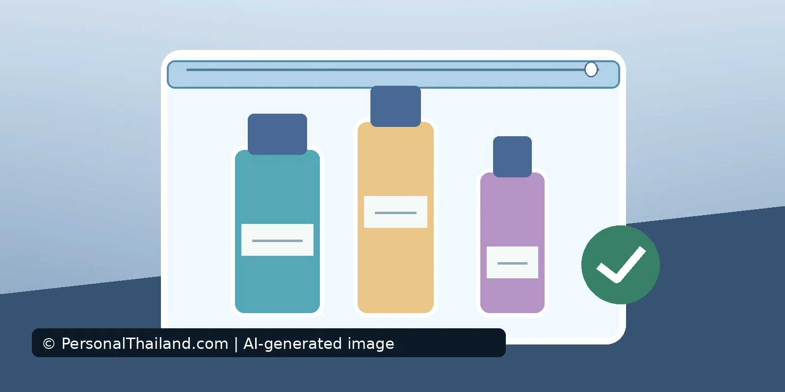 AI-created illustration of three small labelled toiletry bottles inside a clear resealable bag, with a green check mark