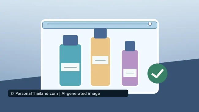 AI-created illustration of three small labelled toiletry bottles inside a clear resealable bag, with a green check mark