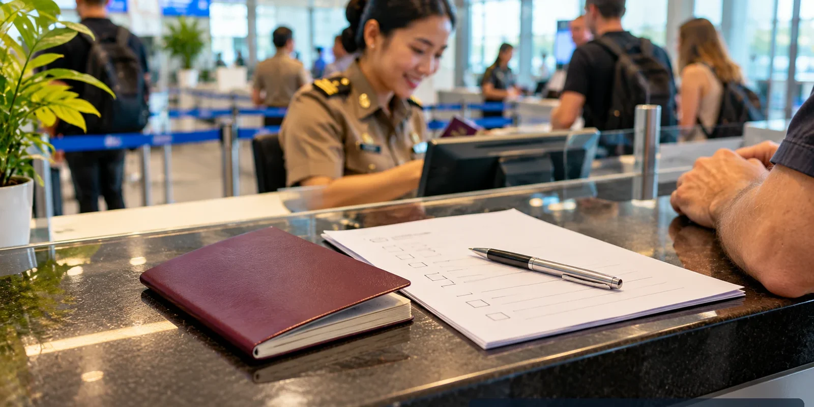 Thailand Immigration Warnings: Fake Visa Stamps, Agents and Overstay Risks (illustration) Illustrative immigration counter with a passport and official paperwork in Thailand