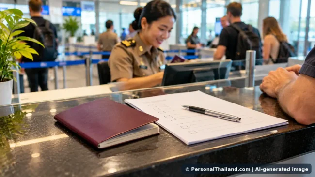 Thailand Immigration Warnings: Fake Visa Stamps, Agents and Overstay Risks (illustration) Illustrative immigration counter with a passport and official paperwork in Thailand