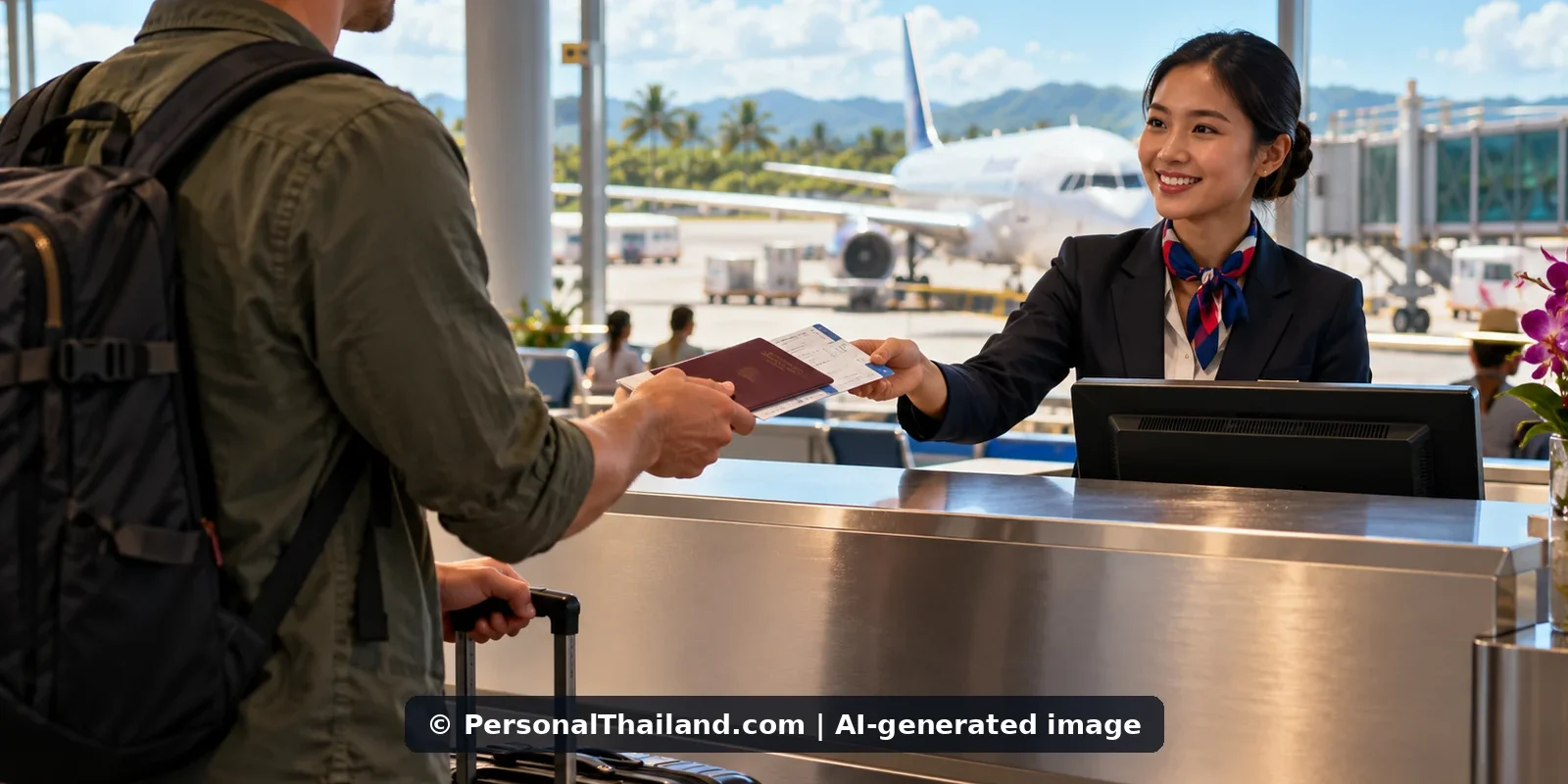 Do You Need a Return Ticket to Enter Thailand? Onward Travel Rules Explained (illustration) AI-created illustration of a traveller with a backpack handing a passport to a smiling airline check-in agent, with a plane visible through the airport windows