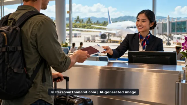 AI-created illustration of a traveller with a backpack handing a passport to a smiling airline check-in agent, with a plane visible through the airport windows