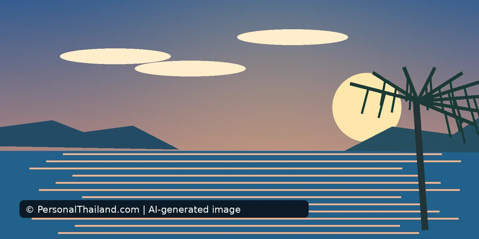 Why Sunset Feels So Fast in Thailand: Daylight and Twilight Explained (illustration) AI-created illustration of a pale sun setting behind a palm tree over a calm sea, with hills and clouds in a dusk sky