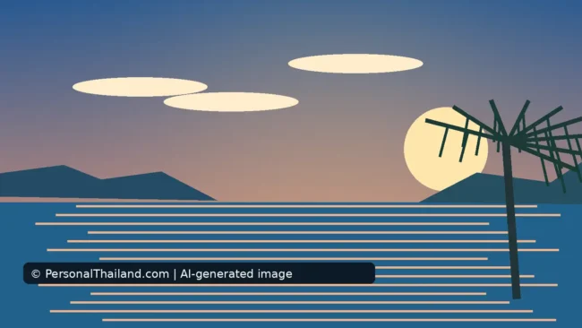 Why Sunset Feels So Fast in Thailand: Daylight and Twilight Explained (illustration) AI-created illustration of a pale sun setting behind a palm tree over a calm sea, with hills and clouds in a dusk sky
