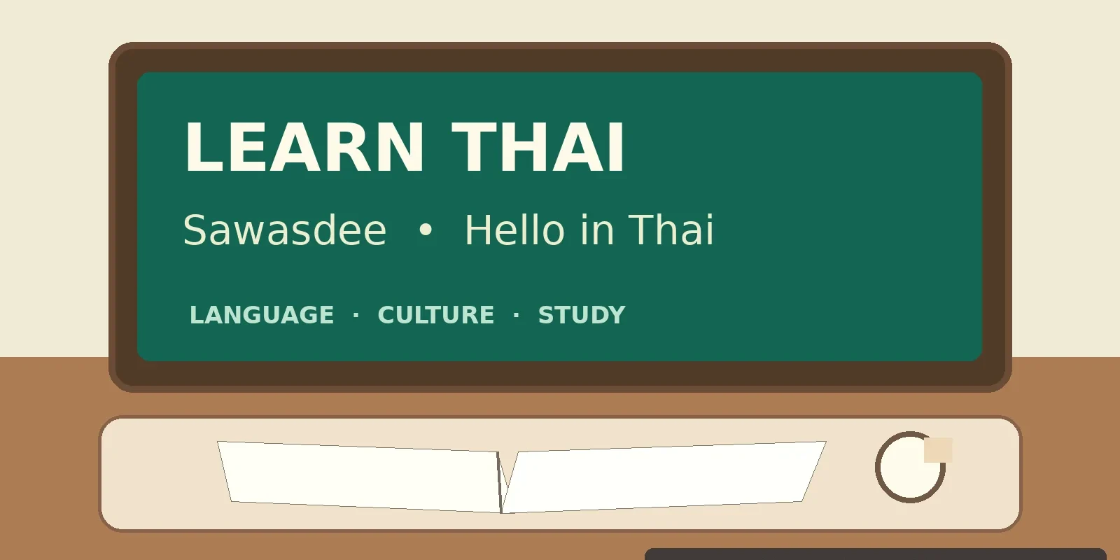 Editorial illustration of an adult Thai-language class with a chalkboard and notebooks