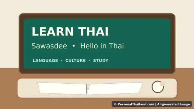 Study Thai in Thailand: How the ED Visa Really Works in 2026 (illustration) Editorial illustration of an adult Thai-language class with a chalkboard and notebooks