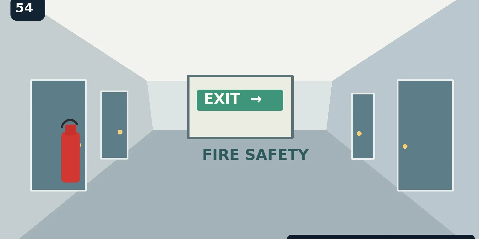 AI-generated illustration of a modern hotel corridor with exit signs and fire alarm