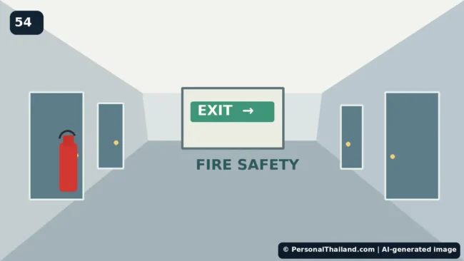 Hotel Fire Safety in Thailand: A Practical Checklist for Travelers (illustration) AI-generated illustration of a modern hotel corridor with exit signs and fire alarm