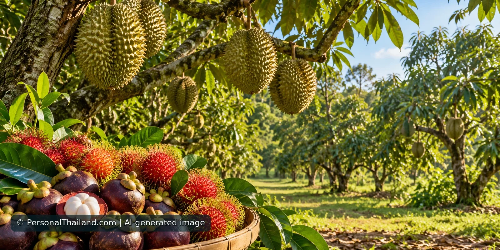 AI-generated illustrative tropical fruit orchard with durians on trees and a basket of mangosteens and rambutans, not an identified Rayong farm