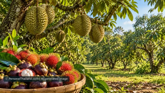 AI-generated illustrative tropical fruit orchard with durians on trees and a basket of mangosteens and rambutans, not an identified Rayong farm