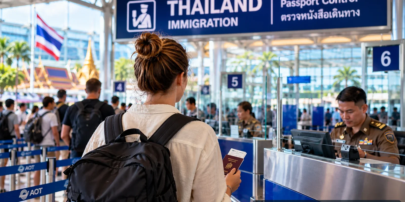 Thailand Visa Fees in 2026: How to Check the Right Cost (illustration) Traveler with a passport at a modern Thai airport immigration counter; AI-generated image.