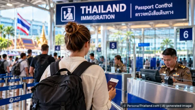 Traveler with a passport at a modern Thai airport immigration counter; AI-generated image.