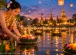 AI-generated illustration of a woman in traditional Thai dress releasing a flower krathong onto the water at a Loy Krathong festival, with candles, floating krathongs and sky lanterns; not a photograph of a real person or event
