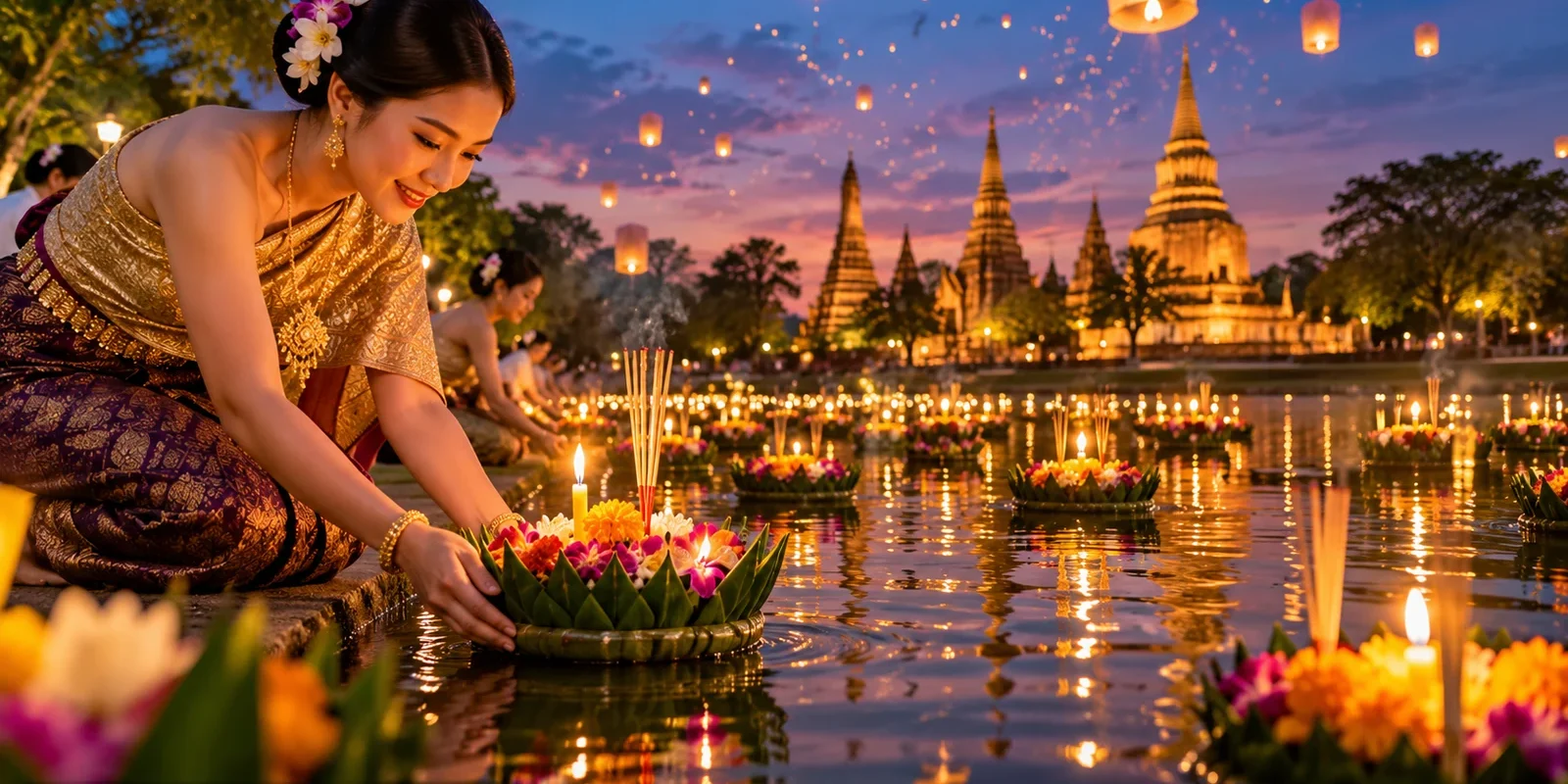 Loy Krathong festival (illustration) AI-generated illustration of a woman in traditional Thai dress releasing a flower krathong onto the water at a Loy Krathong festival, with candles, floating krathongs and sky lanterns; not a photograph of a real person or event