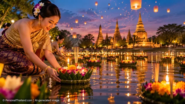 Loy Krathong festival (illustration) AI-generated illustration of a woman in traditional Thai dress releasing a flower krathong onto the water at a Loy Krathong festival, with candles, floating krathongs and sky lanterns; not a photograph of a real person or event