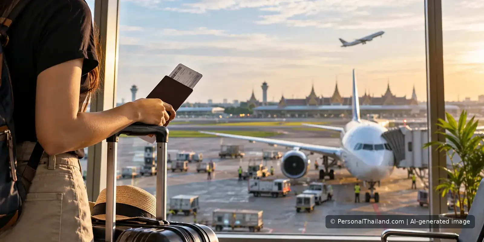 Flying from Thailand to Europe: Why Flight Times Change (illustration) Passenger with luggage overlooking a commercial aircraft at a Bangkok airport